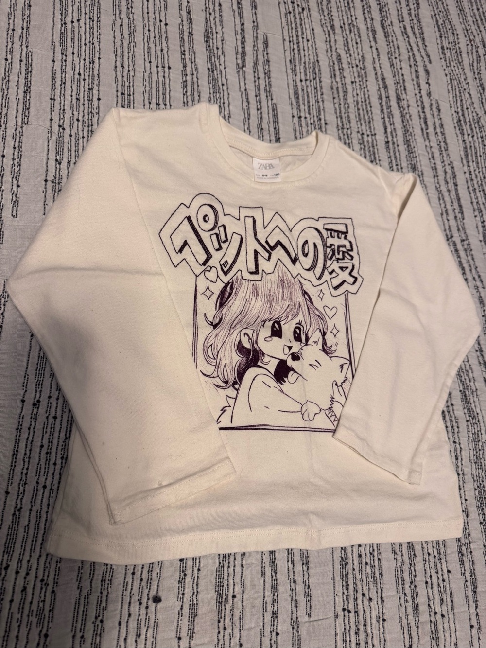 Zara Kids Cream Long-Sleeve Tee with Anime Girl & Cat Graphic